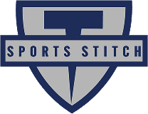 A blue and gray shield-shaped logo with the words "Sports Stitch" across the center and a stylized "T" above the text.